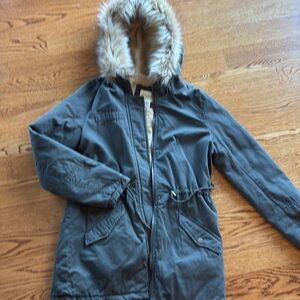 Sky & Sparrow Green Womens full zip Coat removable fur sz S lined parka army